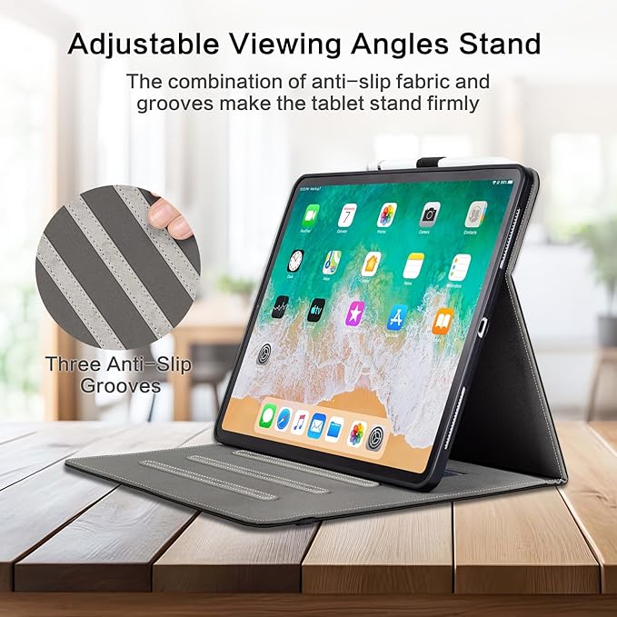 Lokigo Case for iPad Air 13" M4/M3/M2 (2026/2025/2024), iPad Pro 12.9" 6th/5th/4th/3rd Gen with Pencil Holder/Hand Strap/Pocket, Support Touch ID, Shockproof Soft Back Stand Cover, Black Flowers