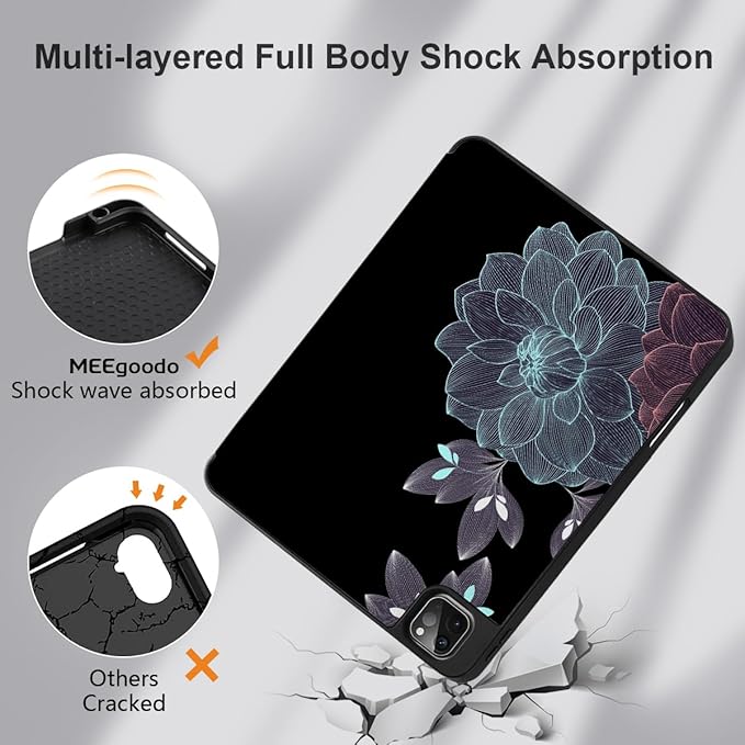 DONGKE Case for 2022/2021/2020/2018 iPad Pro 11 inch Gen 4/3/2/1 - Slim Protective Case - Built in Pencil Holder Support Charging - Trifold Stand & Sleep/Wake Cover - Elegant Flowers