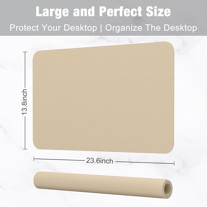 Hsurbtra Desk Pad, 23.6" x 13.8" PU Leather Desk Mat, M Extended Mouse Pad, Waterproof Desktop Blotter Protector, Non-Slip Ultra Thin Small Laptop Keyboard Writing Mat for Office Home, Beige