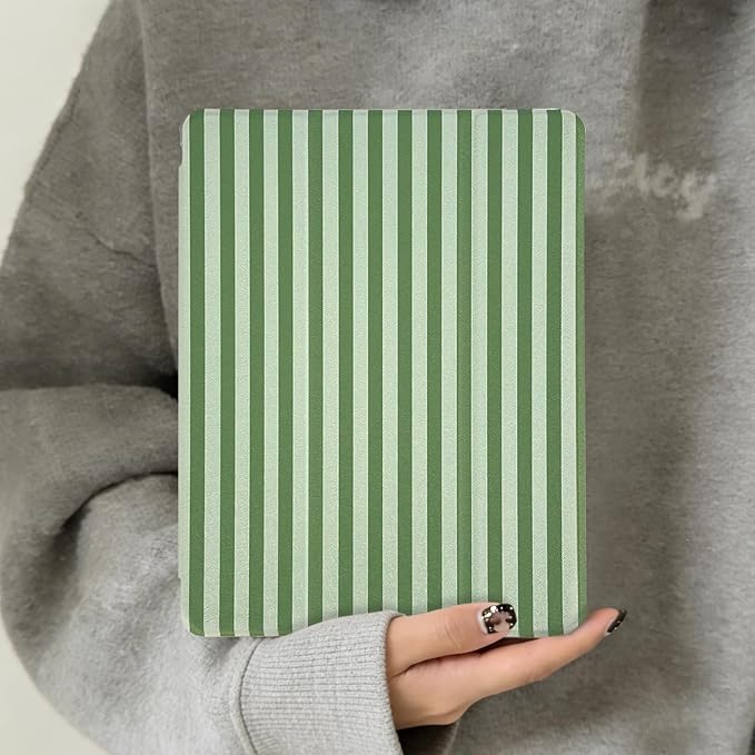 Lovmooful Compatible for iPad 5/6 (9.7-Inch,2018/2017 Model,6th/5th Generation) Case with Pencil Holder Cute Striped with Aesthetic Design Soft TPU Trifold Stand Protective-Dark Green