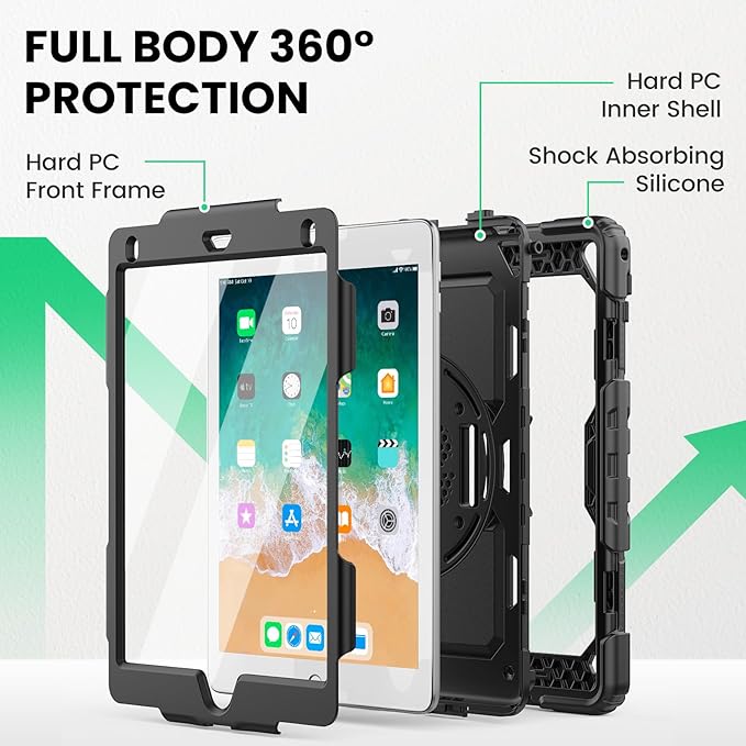 SEYMAC Case for iPad 6th/5th Generation 9.7 Inch, Full-Body Shockproof Heavy Duty Protective Case with Screen Protector, Rotating Stand/Hand/Shoulder Strap for iPad Air 2/ Pro 9.7, Black