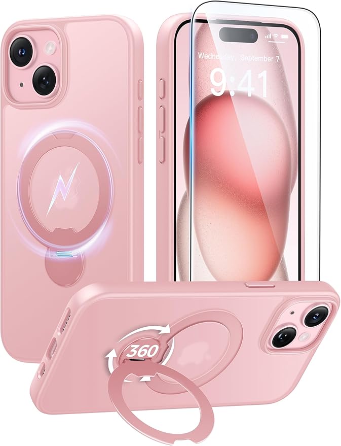 FNTCASE for iPhone 15 Plus Case: iPhone 14 Plus Phone Case [360 Spin Magnetic Stand] [Compatible with Magsafe] [Screen Protector] Translucent Matte Military Grade Shockproof Phone Cover - Pink