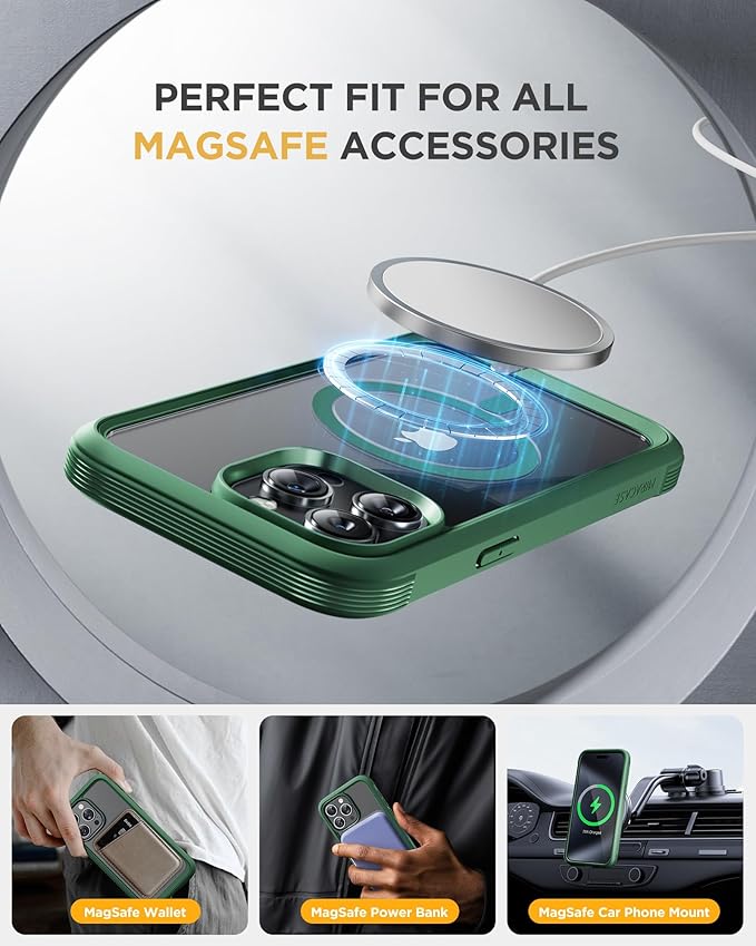 Miracase Magnetic for iPhone 15 Pro Case [Compatible with MagSafe] Full-Body Bumper Phone case with Built-in Glass Screen Protector& Camera Protector, Military Drop Proof 15 Pro Cover, Magnetic Green