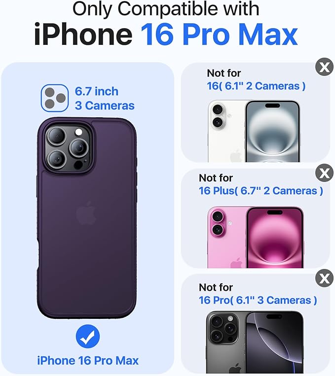for iPhone 16 Pro Max Case, [Military-Grade Drop Protection][Anti-Yellowing] Shockproof Protective Translucent Matte Cover for iPhone 16 Pro Max Phone Case,Dark Purple