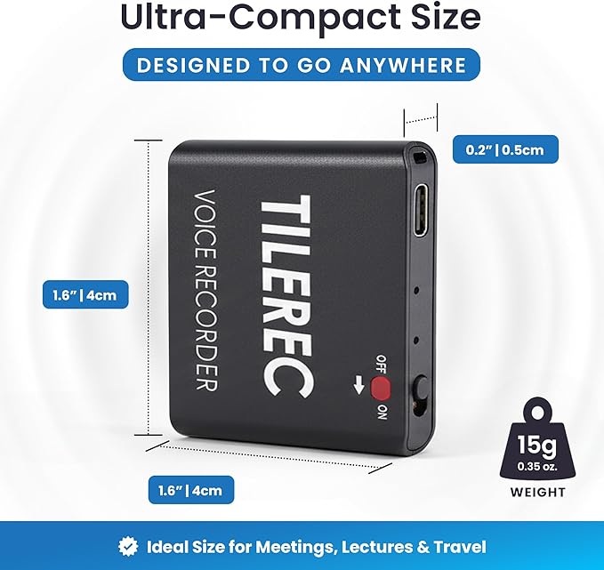 TileRec Voice-Activated Audio Recorder – 64GB Digital Dictaphone with Playback, USB-C, Metal Case – Portable Recorder for Meetings & Lectures
