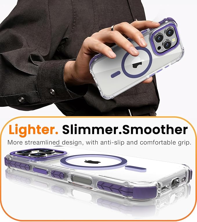 DEERLAMN Strong Magnetic Case for iPhone 16 Pro 6.3-Inch,[Compatible with Magsafe] Clear Slim Shockproof Protective Phone Cover for Women Men-Transparent+Purple