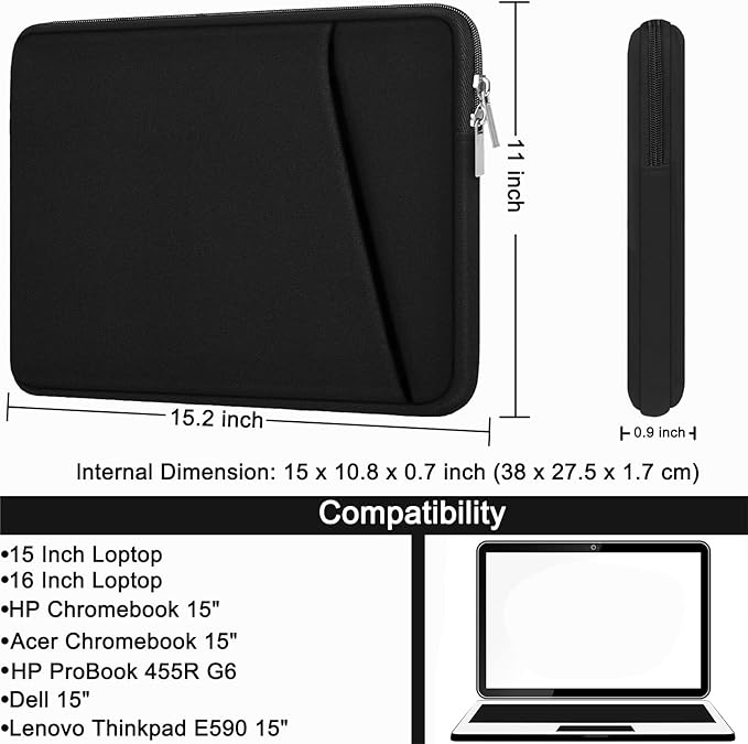 Askuko 15 inch Laptop Sleeve Bag, Shockproof Protective Case Cover, Handbags Portable Notebook Bag for 15-16 inch HP Dell Asus Lenovo Computer, Laptop Case with Front Pocket, Black