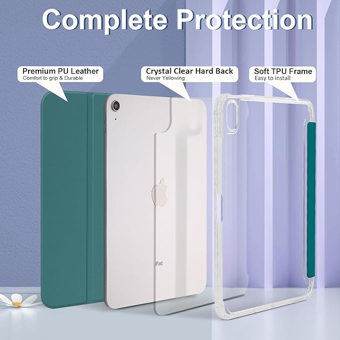 Case for iPad A16 11th Generation 11 Inch 2025, iPad 10th Generation 10.9 Inch 2022, Hybrid Protective Cover with Pencil Holder, Clear Transparent Back Shell Anti-Yellowing Case, Dark Green