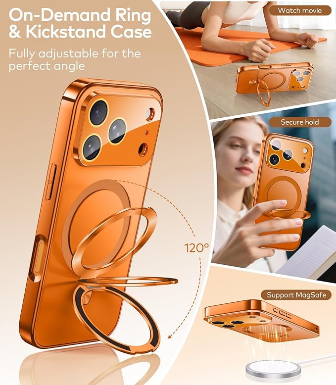 TOBOVON Magnetic for iPhone 17 Pro Case with Ring Stand, Fits MagSafe, with Built-in Camera Cover, Slim Electroplated Shockproof Phone Case, Orange