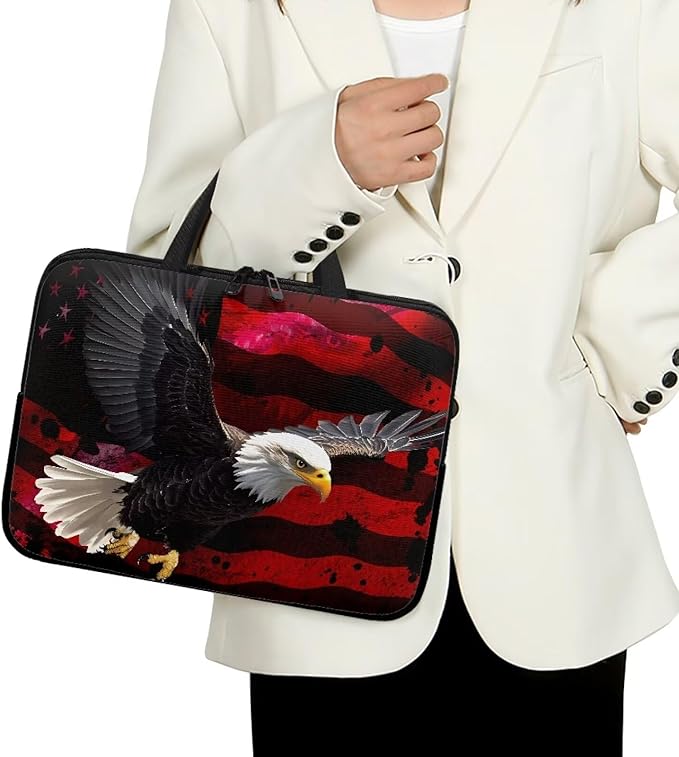 12 Inch American USA Flag Eagle Laptop Sleeve, Protective Tablet Case with Handle, Patriotic Computer Bag Carrying Case Notebook Cover Messenger Briefcase for Travel/Business/School