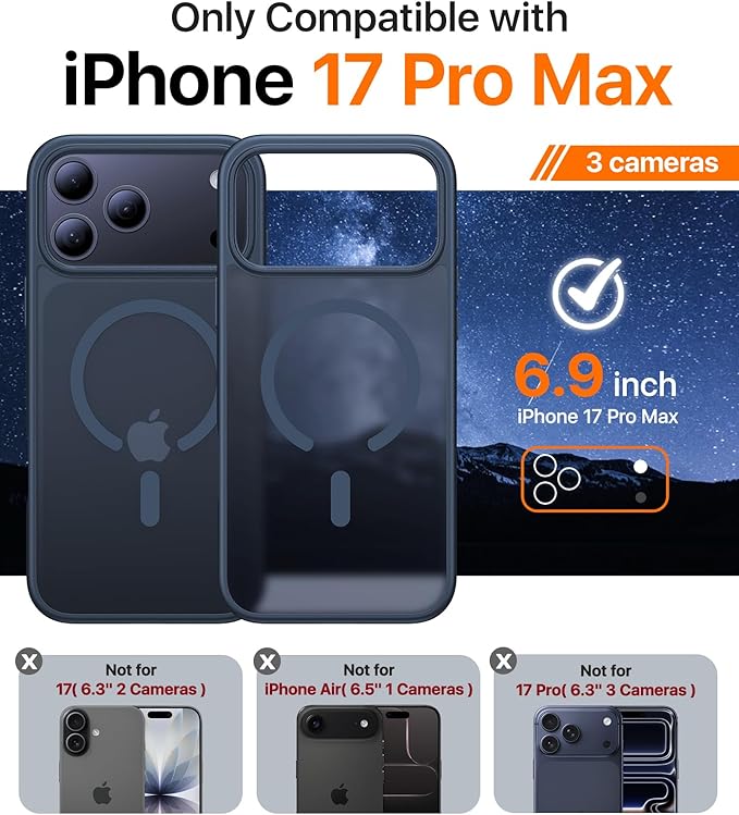 Magnetic for iPhone 17 Pro Max Case,[Anti-Slip][Compatible with MagSafe][Military Grade Drop Protection] Shockproof Protective Translucent Phone Case for iPhone 17 Pro Max Case,Midnight Blue