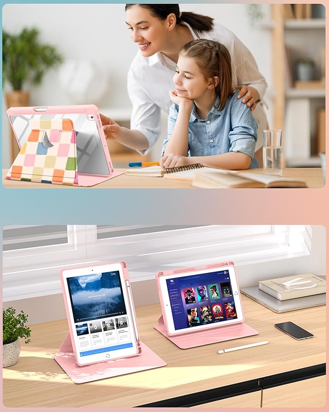 Uppuppy for iPad 9th/8th/7th Generation Case for iPad Air 3rd/ Pro 10.5” Case - 360 Rotating Stand Folio Smart Cover with Pencil Holder for Women, Colorful Checkered for Apple Tablet 7/8/9 Gen 10.2”