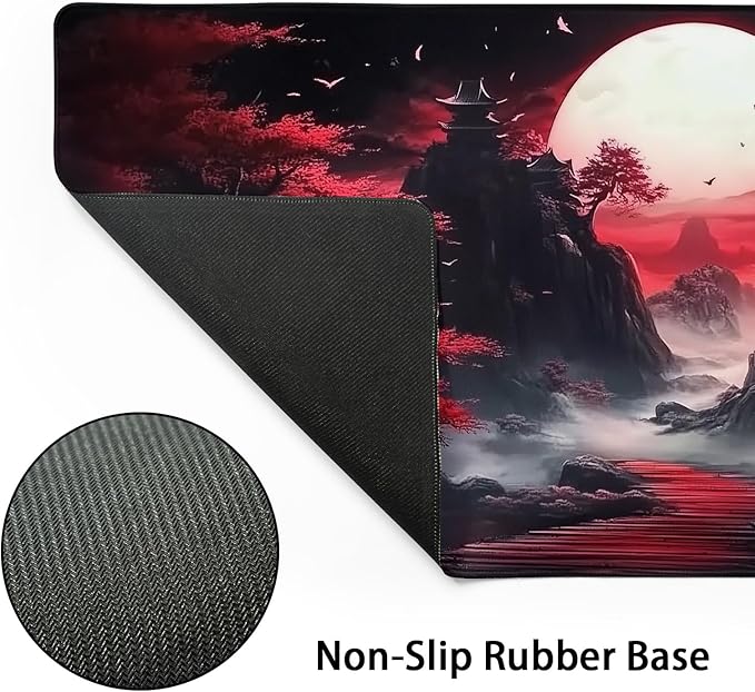 Black Red Japanese Mouse Pad XXL Moon Sakura Cherry BLoosm Tree Extended Table Mat 90X40 cm Non-Slip Rubber Base Stitched Edge Large Mousepad for Gaming Laptop Computer Desk Top 35.4×15.7 Inch