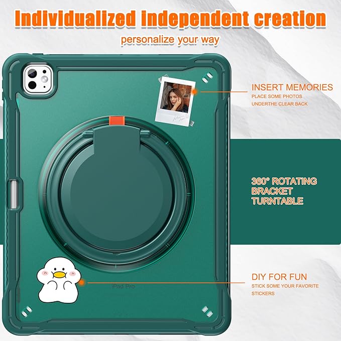 Batianda for iPad Pro 13 inch Case 2025 M5 2024 M4 Chip Lightweight Dual-Layer Protective Tablet Cover, Durable Shock-Absorbing Corners with 360° Rotating Kickstand Ring Built-in Pen Slot, Teal