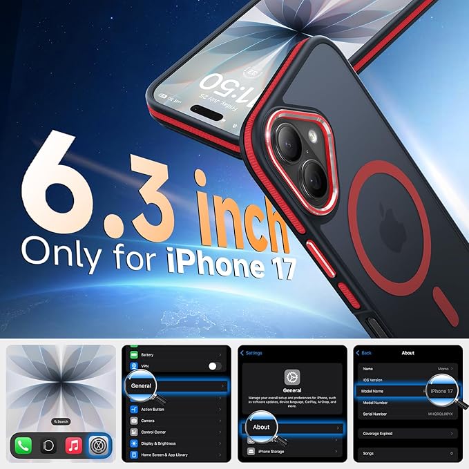 Magnetic 3 in 1 for iPhone 17 Case, [Omni-Directional Protection] with 1x Screen Protector + 1x Camera Cover, [Seamless Work with Magsafe] Translucent Protective Silm Phone Case for iPhone 17 Red