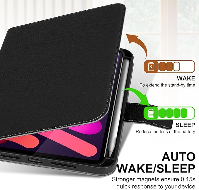 Genuine Leather Case for iPad mini 7th/6th Gen 8.3 Inch 2024/2021 | with Pencil Holder and Adjustable Stand, Magnetic Closure, Auto Wake/Sleep Cover | Black