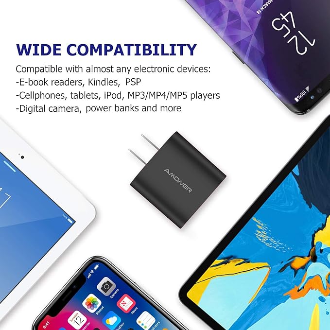 Amoner Wall Charger, Upgraded 2Pack 15W 3-Port USB Plug Cube Portable Wall Charger Plug for iPhone 13/12/mini/Pro/Max/11/Pro/Xs/XR/X/8/7/Plus, Galaxy10/9, Note10/9, and More