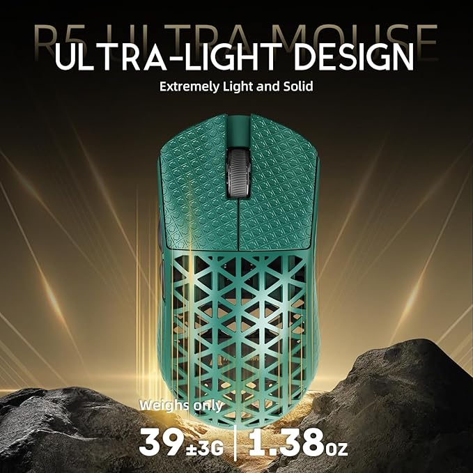 ATTACK SHARK R5 Ultra Wireless Gaming Mouse,Carbon Fiber Shell 39g Superlight,PAW3950MAX Nordic 52840 MCU 8K Polling 42K DPI Optical Sensor,BT/2.4G/USB-C Wired Mice with Coiled Cable-Green&Griptape