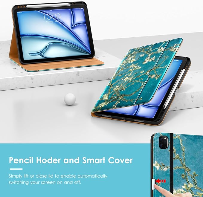 VIKESI Case for iPad Air 13 inch (M4) 2026 / (M3) 2025 / (M2) 2024,Premium Leather Folio,Apple Pencil Holder,Auto Sleep/Wake,Stand Cover - Almond Blossoms