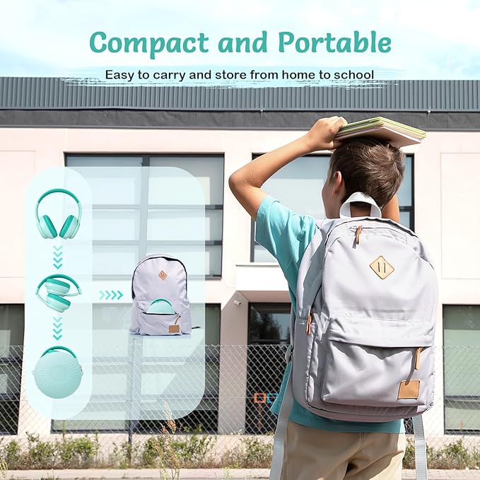 TONOSHARK Kids Bluetooth Headphones with Active Noise Cancelling, Wireless Over-Ear Headphones for Boys Girls, Foldable, Adjustable,40H Playtime, Mic for School Travel (Mint Green)