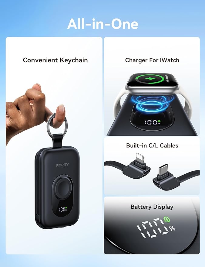 RORRY Portable Charger, 20000mAh PD 30W Portable Charger Power Bank with 2 Built-in Cables, Super Fast Charging Battery Pack with Keychain, Travel Essentials for iPhone, Apple Watch, iPad, White