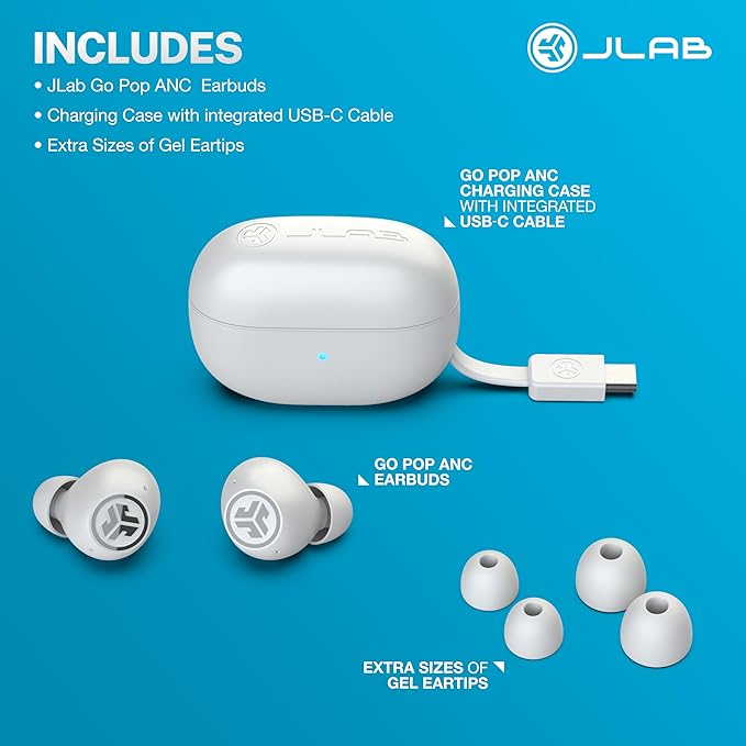 JLab Go Pop ANC, True Wireless Earbuds, Active Noise Cancelling, Bluetooth Earbuds with Charging Case, Cloud White