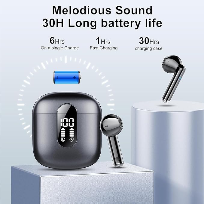 Jesebang Wireless Earbuds, Bluetooth 5.4 Headphones HiFi Stereo, Bluetooth Earbuds with ENC Noise Cancelling Mic, 36H LED Display Ear Buds, IPX7 in Ear Earphones for Phone Tablet Laptop Sports, Black