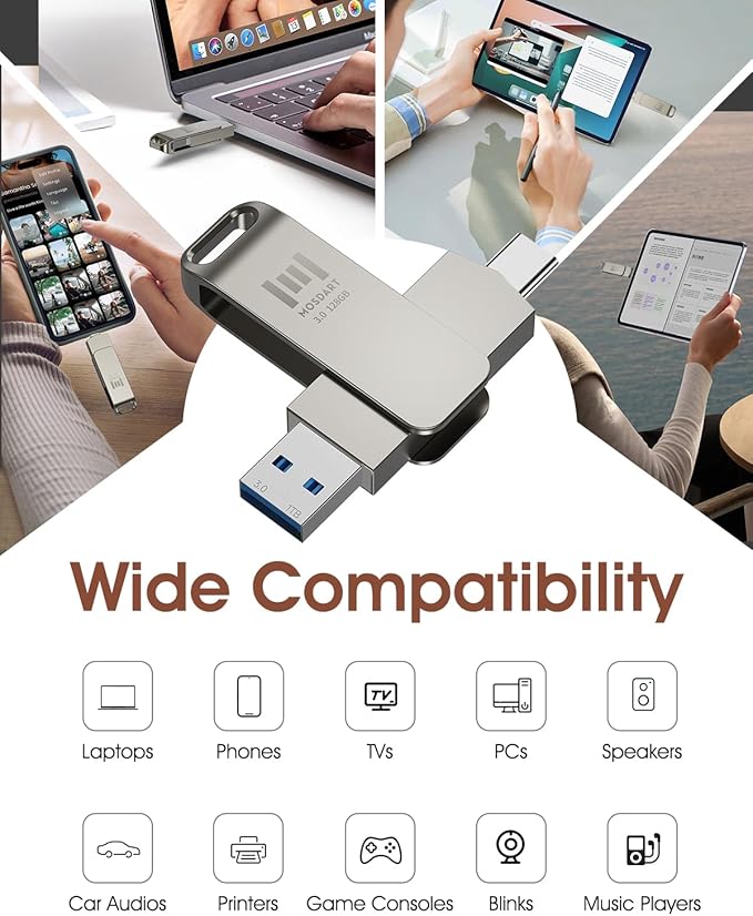 MOSDART 128GB USB C 3.2 Fast Speed C and A Dual Flash Drive, exFAT Memory Stick with Keychain Loop, for iPhone 15,16,17, Android Phone, iPad, MacBook, Silver