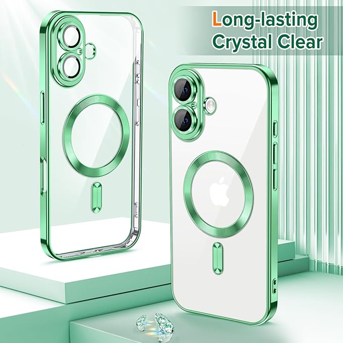 Hython Magnetic Clear for iPhone 16 Case with Camera Lens Protector [Compatible with MagSafe] Luxury Plating Edge Slim Soft TPU Cover Protective Phone Case for iPhone 16 6.1", Light Green
