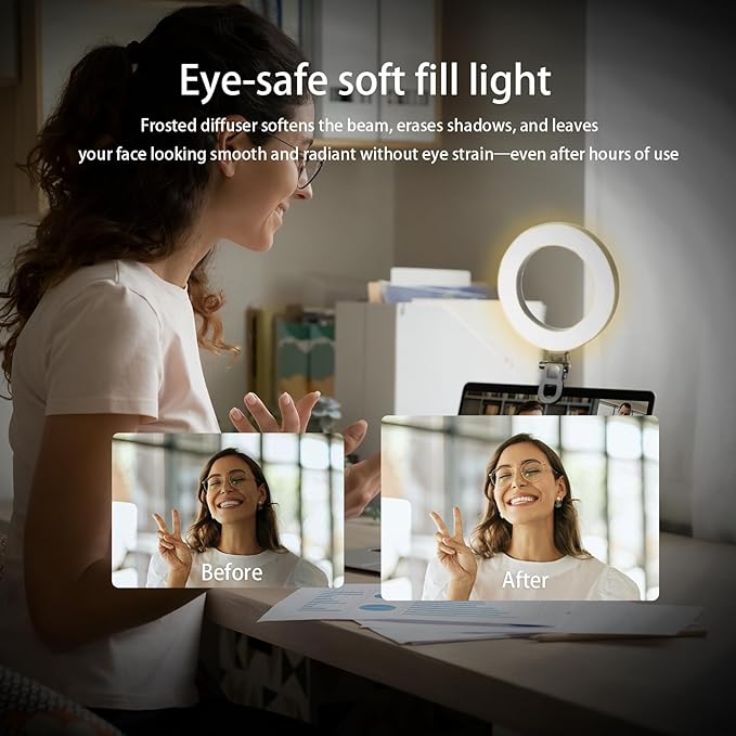6" Ring Light Video Conference Kit, 5-Color 10-Brightness Clip-On Light with Stable Ring-Light Clamp & 5" Tripod, Desk/Zoom/TikTok, Makeup Light, Selfie Light