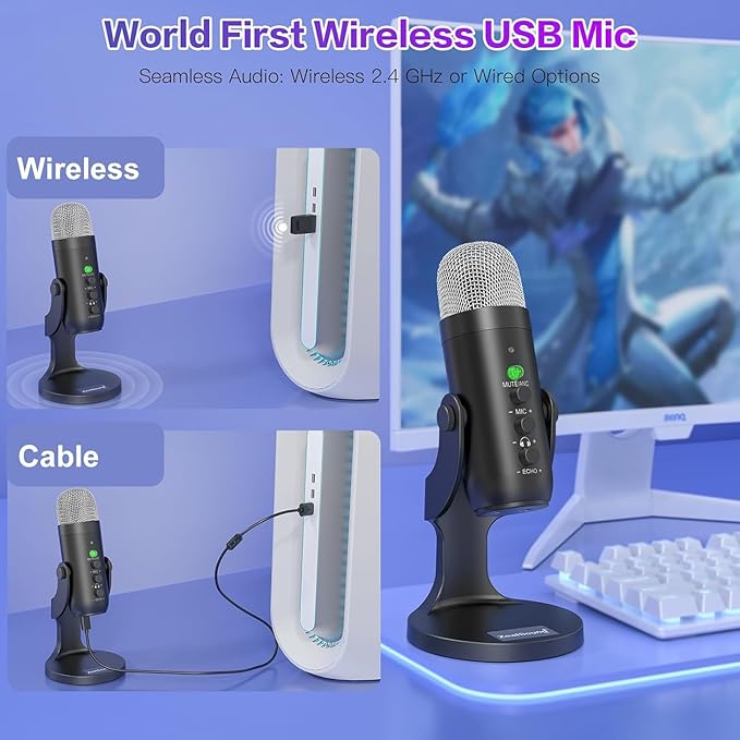 ZealSound Wireless Microphone for PC, Noise Cancellation Podcast Mic with Gain, Mute, Monitor & Echo Control, Cordless Mic for YouTube, ASMR, Podcasting, Streaming, iPhone, iPad, Android, Mac, K66DG