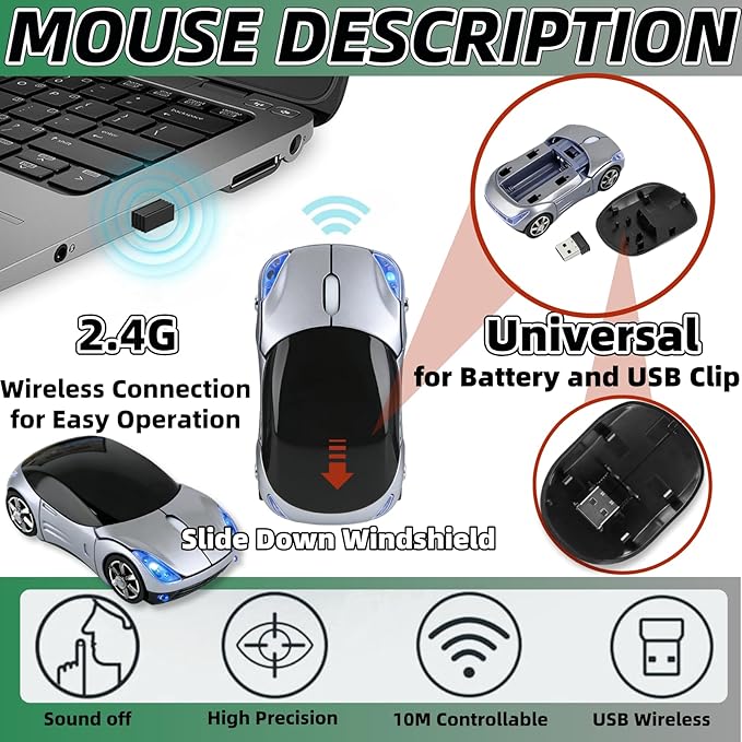 Silver Wireless Mouse，Mini Car Computer Mouse，1600DPI 2.4G with USB Receiver, Ergonomic Cute Computer Mice for Laptop, PC, Windows, Mac OS (Silver)