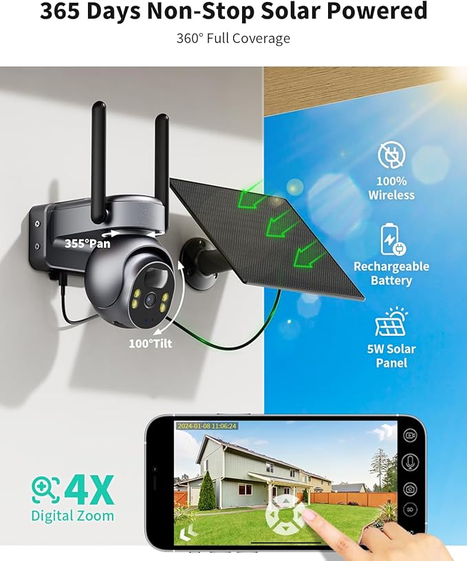 LIWAN 4G LTE Cellular Security Camera, No WiFi Security Camera Outdoor, Solar Cellular Camera Wireless, Built in SIM Card, 2K Color Night Vision, PIR Motion Detection, 360° Full Cover, 2 Way Talk