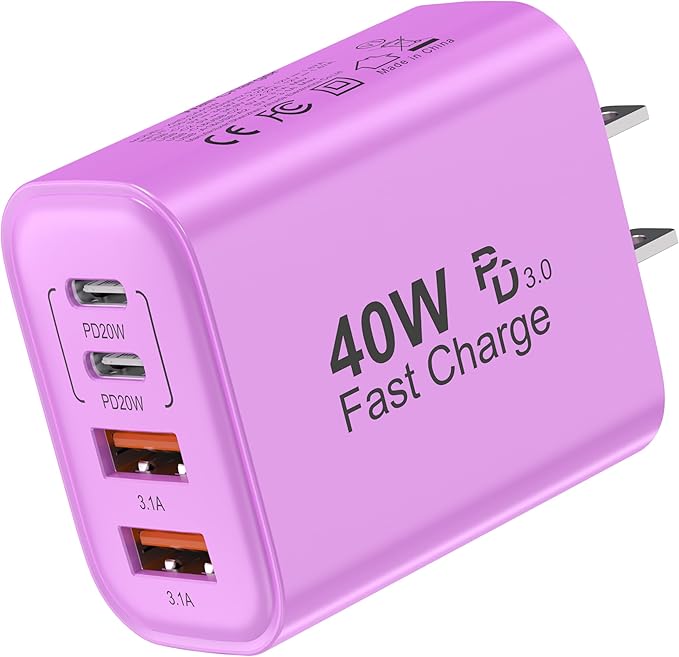TT&C 40W USB C Charger Block, 4-Port Fast Charging Block (2 USB-C + 2 USB-A), Compact Multi-Device Wall Plug Adapter for iPhone 17,16,15,14,Pro Max, Samsung Galaxy S24/S23 Travel & Home (Purple 1Pack)