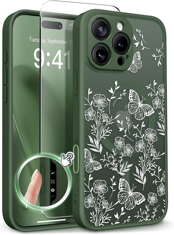 GVIEWIN for iPhone 16 Pro Max Case Compatible with MagSafe, [Military Grade Protection] [Screen Protector] Full Camera Protection Floral Translucent Women Magnetic Phone Case, Tuberose/Forest Green