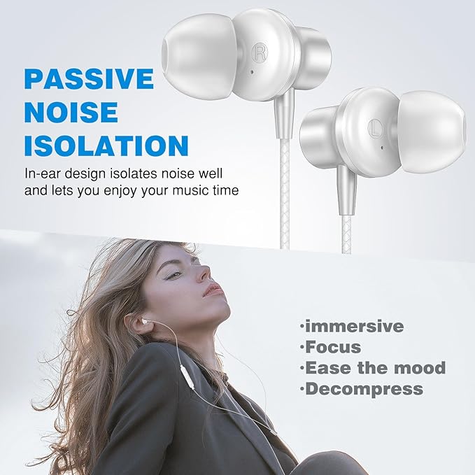3.5mm Headphones 5.9ft Long Cord Wired Earbuds with Microphone Noise Isolating Earphone Stereo Clear Call Volume Plug in 3.5mm Jack Wired Ear Buds for Office School Laptop Chromebook PC Travel, Silver