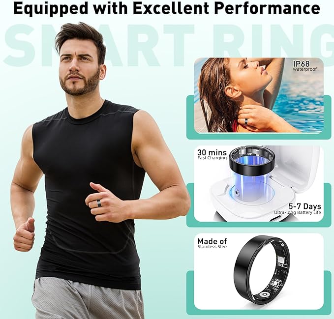 Smart Ring with Sleep Monitoring, Step Counting, Heart Rate, Blood Oxygen for iOS and Android, No Subscription Fee, IP68 Waterproof Health Tracker (Silver, 8)