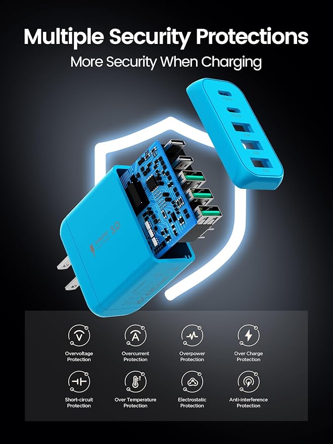 EIZLXQ USB C Charger Block, [2-Pack] Type C Charger Fast Charging,50W 5-Port USB Wall Charger Multiport Type C Charging Block Cube for iPhone 17/16/15/14/13/12/11 Pro Max XS,iPad,Samsung&More-Blue