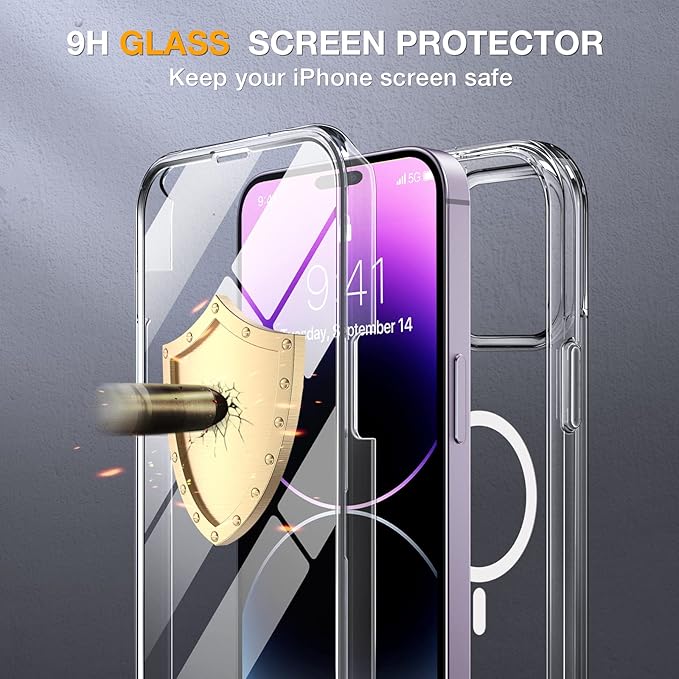 Miracase Magnetic for iPhone 14 Pro Max Case 6.7 inch, (Compatible with MagSafe) Upgrade Full-Body Clear Phone Bumper Case with Built-in 9H Tempered Glass Screen Protector, Magnetic Clear