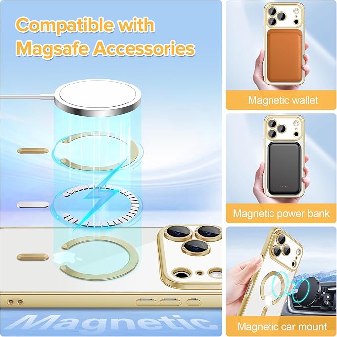 Hython Magnetic Clear for iPhone 17 Pro Max Case with Camera Lens Protector [Compatible with MagSafe] Plating Edge Slim Soft TPU Cover Protective Phone Case for iPhone 17 Pro Max 6.9", Matte Gold