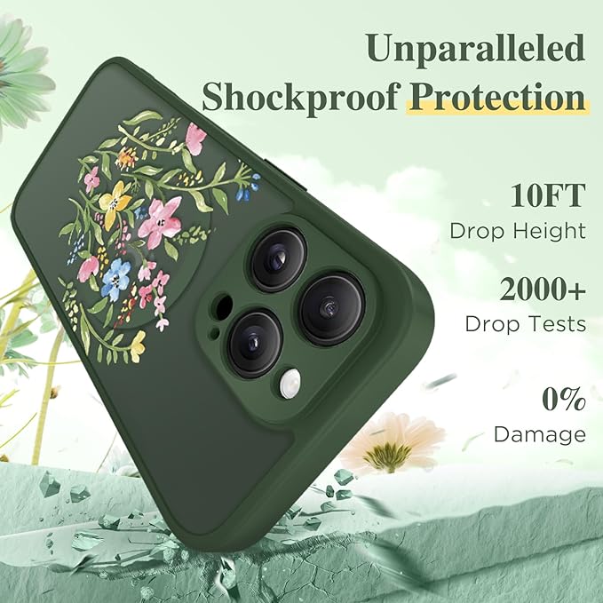 GVIEWIN for iPhone 16 Pro Case Compatible with MagSafe, [Military Grade Protection] [Screen Protector] Full Camera Protection Floral Translucent Women Magnetic Phone Case, Bloomcore/Forest Green