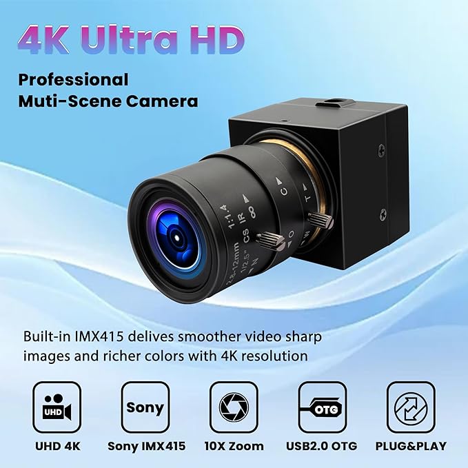 UHD 4K 30fps 2.8-12mm Varifocal Zoom Lens Mini Webcam, Plug and Play, Low Power Consumption USB Camera, Support OPENCV for Windows/Linux/Raspberry Pi/Mac