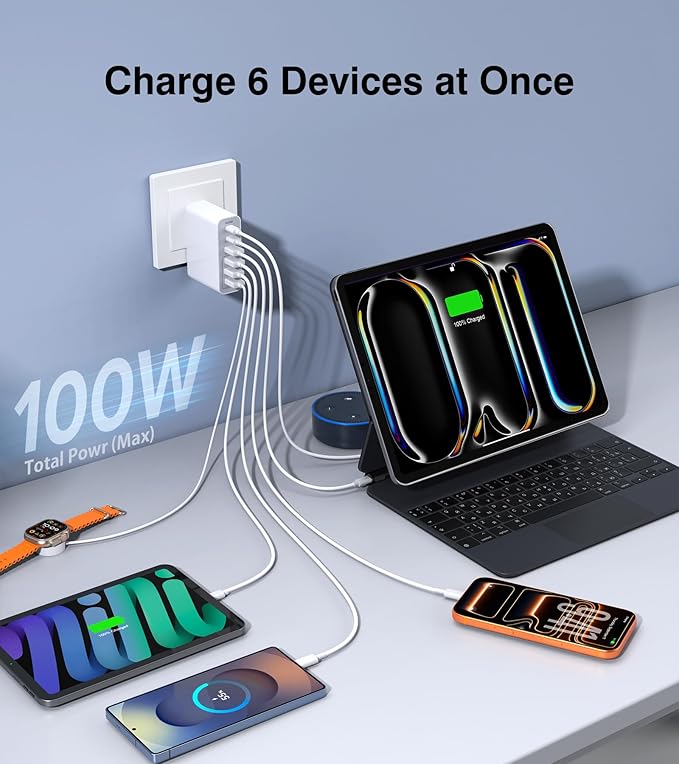 USB C Wall Charger Block,100W GaN 6-Port Fast Charging QC+PD3.0 Dual USB C Power Brick,Portable Multiport Power Adapter Type C Charging Station Hub for iPhone 17/16/15/14/13 Pro Max,iPad,Samsung