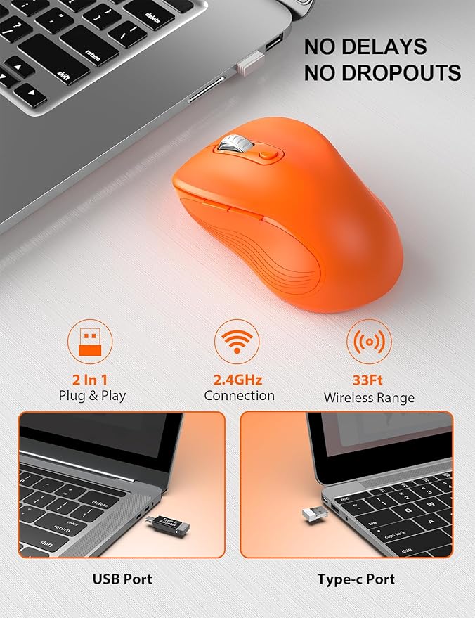 Trueque Wireless Mouse for Laptop, 2.4GHz Ergonomic Computer Mouse with Back & Forward Buttons, 3 Adjustable DPI Levels, 6 Buttons, Optical USB Cordless Mice for Windows PC, M01 (Orange)