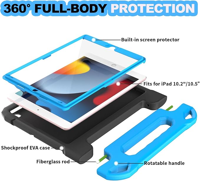 YIHE Kids Case for iPad 10.2 Inch 9th/8th/7th Generation 2021/2020/2019, iPad Pro 10.5 & iPad Air 3, Shockproof Handle Stand Kids Case with Screen Protector for iPad 10.2/10.5 Inch, Black&Blue
