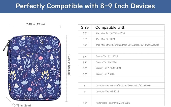 Dadanism 8-9 Inch Tablet Sleeve Bag Carrying Case for iPad mini 7th/6th 8.3", iPad mini 7.9", Galaxy Tab A7 Lite/A9 8.7", ‎Remarkable Paper Pro Move 7.3" 2025, Tab M8 8", Tab M9 9", MuZhi Blue