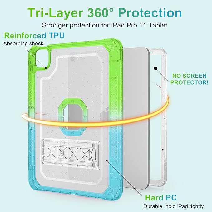 ZoneFoker Case for iPad Air 5th/ 4th Generation Case (2022/2020) 10.9'', for iPad Pro 11 Inch (4th/3rd/2nd/1st Gen), Hard Slim Cover for iPad Air 5 4 th with Pencil Holder/Stand, Green to Blue Glitter