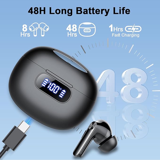 Wireless Earbuds, Bluetooth 5.3 Headphones LED Power Display, 2026 New Wireless Earphones, 4 ENC Noise Cancelling Mic, HiFi Stereo, 48H Playtime Mini Case IP7 Waterproof for Sport Walk