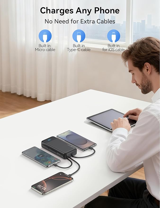 Portable Charger, 20000mAh 22.5W Fast Charging Power Bank with 4 Built-in Cables, Travel Essentials External Battery Pack with LED Display, 6 Outputs Charging Bank for iPhone, iPad, Samsung etc Black