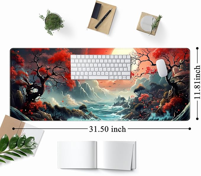 Japanese Desk Mat Extended Gaming Mousepad Japan Large Mouse Pad XL Oceanic Passage Aesthetic Desk Pad Keyboard Mat Laptop Desktop Mouse Mat 31.5''X11.8'' Deskmat with Stitched Edges